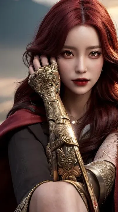 ultra realistic 8k cg, epic, perfect artwork, masterpiece, picture-perfect face, perfect face, beautiful face, ((perfect female body)), charming, eldenring\(malenia\), cursed_left_arm, red cape, no mask,very long hair, 1girl,beautiful women,(long red cape:1.3), solo, mecha right arm, mecha left leg, (cursed_left_arm), very long hair, red hair, red cape, dress, (closed mouth), upper body,mid-shot, (right hand prosthesis:1.3), (((left hand is nature))), ((prosthesis left leg:1.2)),(right leg is nature:1.1), weapon, holding blade, face to the viewer, ((malenia_blade)), ((butterfly)), (very long hair, bright red hair: 1.3), narrow waist, gorgeous goddess, deity, divine queen, light black eyes, glowing eyes, piercing eyes, looking at viewer,Lighting effects,Master-level lighting,Soft lighting,Rim lighting,night,((intricate detail, delicate pattern)), science fiction, jewelry, gem, gold, diamond, hiqcgbody,detailed skin texture, detailed cloth texture, beautiful detailed face, masterpiece, best quality, ultra detailed, 8k, intricate details, <lora:eldenRingMalenia_v10:0.4> <lora:koreanDollLikeness_v15:0.7>