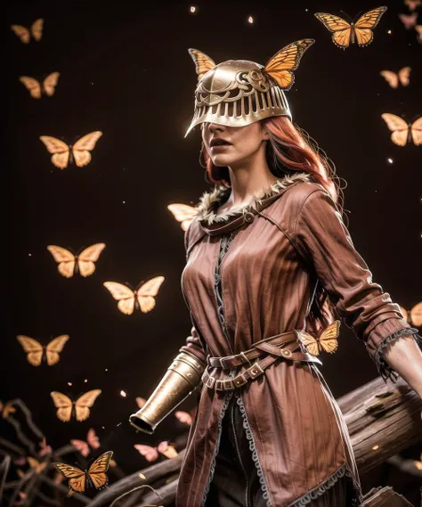 (RAW photo, best quality), (realistic, photo-realistic:1.3), masterpiece, an extremely delicate and beautiful, extremely detailed, CG, unity , 2k wallpaper, Amazing, finely detail, light smile, extremely detailed CG unity 8k wallpaper, huge filesize, ultra-detailed, highres, absurdres, soft light, outside, forest, helmet over eyes:1.1, (long hair, red hair:1.15), armour, empty armor, black,