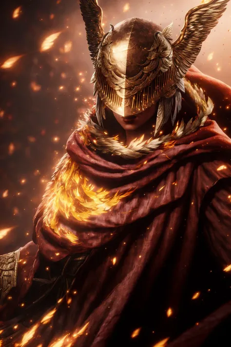 1girl, ((((masterpiece)))), (highly detailed), (best quality), (ultra-detailed),The cloak on the back,covered eyes,winged helmet <lora:malenia_01:1.0>,golden particles effect,red flames of rot,4k,cinematic warm lighting,backlit rim lgihting<lora:disgustFacial_v1:1.0>