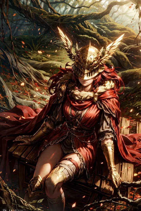 1girl,<lora:malenia_01:0.8> cursed_left_arm, winged helmet, red cape, covered eyes, long hair, red hair,sit,sit on wood chair,wood chair,relaxing pose,(exhausted pose),(exhausted),dry forest,death forest,tree roots,thicc,thick thighs,curvy,closeup,(from above),masterpiece,extremely detailed CG unity 8k wallpaper, best quality,32k,focus sharp, <lora:add_detail:0.8>, <lora:Light and Shadow:0.6>