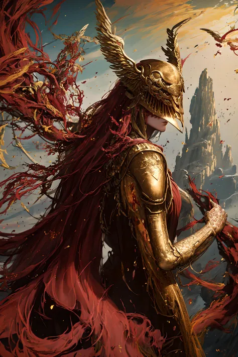 (masterpiece, top quality, best quality, official art, beautiful and aesthetic:1.2), (1girl), extreme detailed,(fractal art:1.3),colorful,highest detailed, <lora:malenia_01:0.9>,right hand prothesis),winged helmet,covered eyes,(blood,red river),side porfile,beautiful