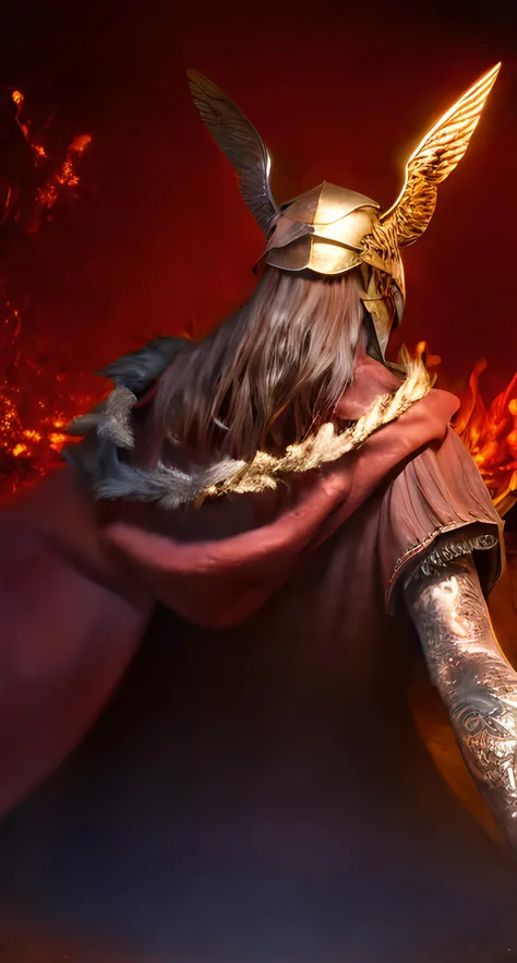 1girl, ((((masterpiece)))), (highly detailed), (best quality), (ultra-detailed),The cloak on the back,covered eyes,winged helmet <lora:malenia_01:1.0>,golden particles effect,red flames of rot,4k,cinematic warm lighting,backlit rim lgihting <lora:Elden Ring Malenia:1>, <lora:add_detail:0.5> <lora:RealDownblouse15_v2.08:1>,