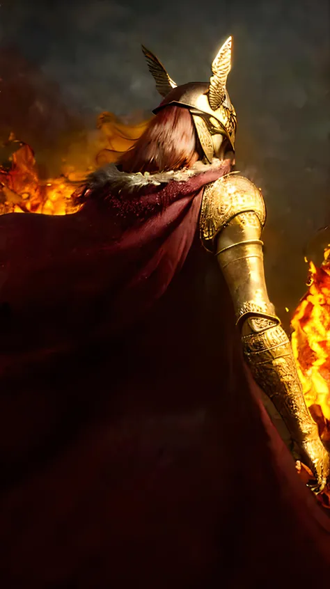 1girl, ((((masterpiece)))), (highly detailed), (best quality), (ultra-detailed),The cloak on the back,covered eyes,winged helmet <lora:malenia_01:1.0>,golden particles effect,red flames of rot,4k,cinematic warm lighting,backlit rim lgihting  <lora:Elden Ring Malenia:1>,  <lora:add_detail:0.5> <lora:RealDownblouse15_v2.08:1>,