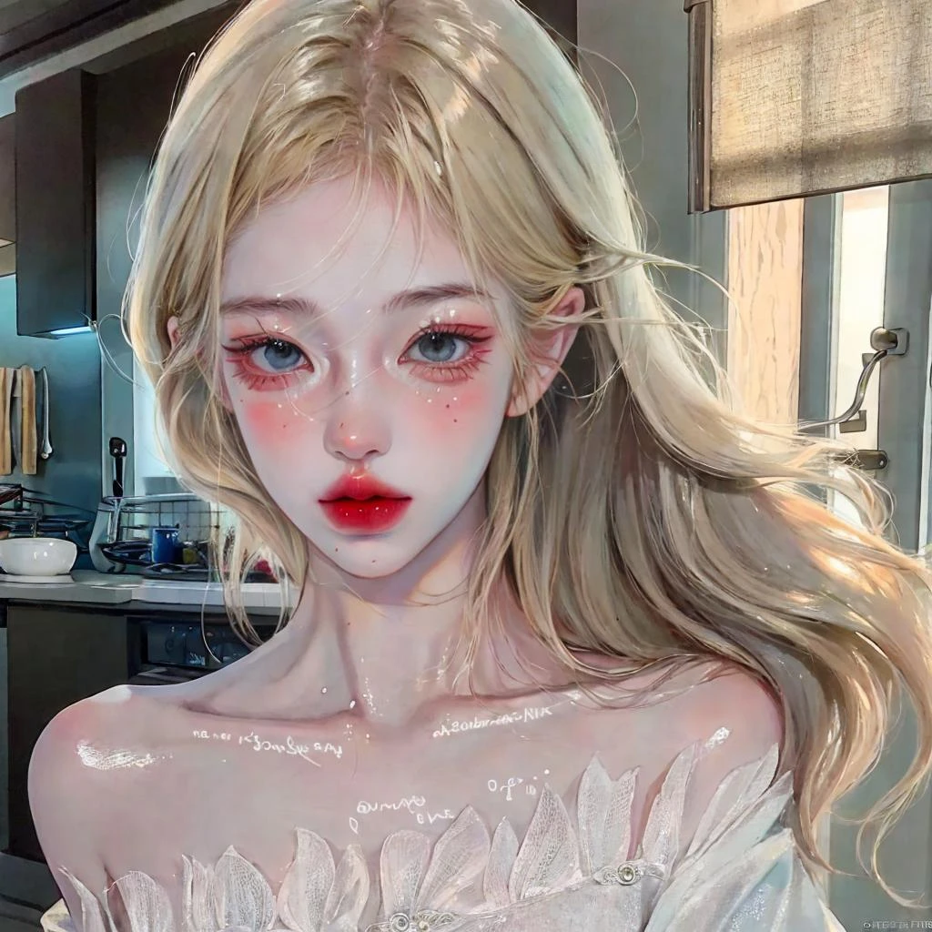 2D_ArtStyle_V2-1,<lora:2D_ArtStyle_V2-1:0.8>, 1girl, sfw, a beautiful woman with blonde hair in a kitchen, (full body:1.7), <lora:add_detail:0.5>, AS-Adult, detailed skin, ultra realistic 8k cg, picture-perfect face, flawless, clean, masterpiece, professional artwork, famous artwork, cinematic lighting, cinematic bloom, best quality, masterpiece, illustration, (realistic, photo-realistic:1.37), amazing, finely detail, incredibly absurdres, huge filesize, ultra-detailed, highres, extremely detailed CG unity 8k wallpaper, ray tracing. The image has blurry background, depth of field and extremely photorealistic quality., (Milky skin, shiny skin:1.5). <lora:GoodHands-alpha3:0.7>