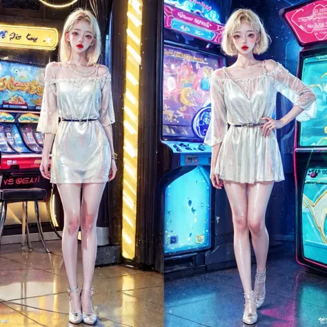 2D_ArtStyle_V2-1,<lora:2D_ArtStyle_V2-1:0.8>, 1girl, sfw, a beautiful woman with blonde hair in a arcade, (full body:1.7), <lora:add_detail:0.85>, AS-Adult, detailed skin, ultra realistic 8k cg, picture-perfect face, flawless, clean, masterpiece, professional artwork, famous artwork, cinematic lighting, cinematic bloom, best quality, masterpiece, illustration, (realistic, photo-realistic:1.37), amazing, finely detail, incredibly absurdres, huge filesize, ultra-detailed, highres, extremely detailed CG unity 8k wallpaper, ray tracing. The image has blurry background, depth of field and extremely photorealistic quality., (Milky skin, shiny skin:1.5). <lora:GoodHands-alpha3:0.7> , <lora:detail_slider_v4:0.5>