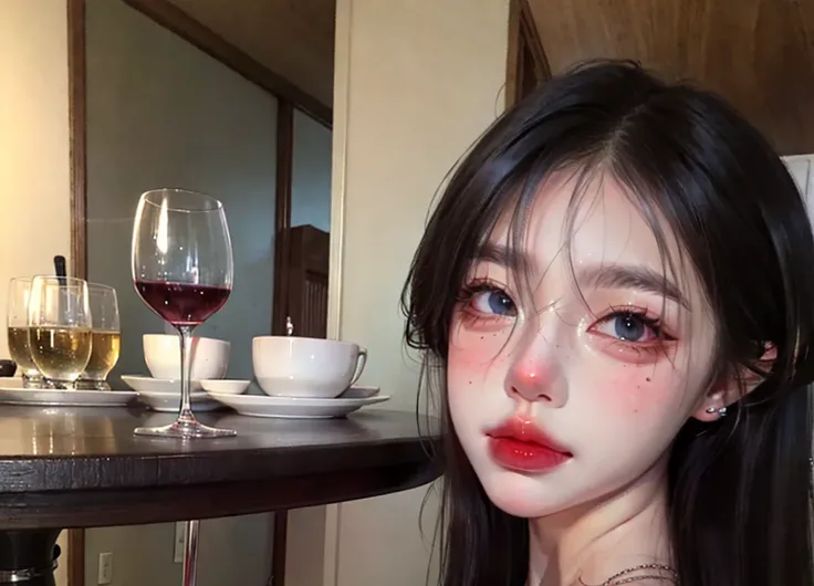 8k, raw photo, hyper realistic, photo realistic, hdr, intricate details, cinematic, dslr, high quality, film grain, a  woman sitting around a table with wine glasses, 2D_ArtStyle_V1-1 ,<lora:2D_ArtStyle_V1-1:1> ,<lora:add_detail:0.5>, AS-Adult