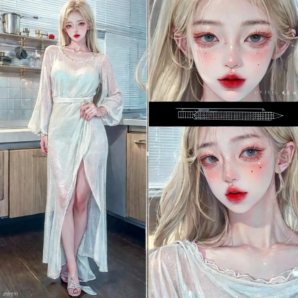 2D_ArtStyle_V2-1,<lora:2D_ArtStyle_V2-1:0.8>, 1girl, sfw, a beautiful woman with blonde hair in a kitchen, (full body:1.7), <lora:add_detail:0.5>, AS-Adult, detailed skin, ultra realistic 8k cg, picture-perfect face, flawless, clean, masterpiece, professional artwork, famous artwork, cinematic lighting, cinematic bloom, best quality, masterpiece, illustration, (realistic, photo-realistic:1.37), amazing, finely detail, incredibly absurdres, huge filesize, ultra-detailed, highres, extremely detailed CG unity 8k wallpaper, ray tracing. The image has blurry background, depth of field and extremely photorealistic quality., (Milky skin, shiny skin:1.5). <lora:GoodHands-alpha3:0.7>