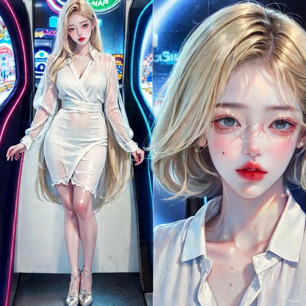 2D_ArtStyle_V2-1,<lora:2D_ArtStyle_V2-1:0.8>, 1girl, sfw, a beautiful woman with blonde hair in a arcade, (full body:1.7), <lora:add_detail:0.85>, AS-Adult, detailed skin, ultra realistic 8k cg, picture-perfect face, flawless, clean, masterpiece, professional artwork, famous artwork, cinematic lighting, cinematic bloom, best quality, masterpiece, illustration, (realistic, photo-realistic:1.37), amazing, finely detail, incredibly absurdres, huge filesize, ultra-detailed, highres, extremely detailed CG unity 8k wallpaper, ray tracing. The image has blurry background, depth of field and extremely photorealistic quality., (Milky skin, shiny skin:1.5). <lora:GoodHands-alpha3:0.7>