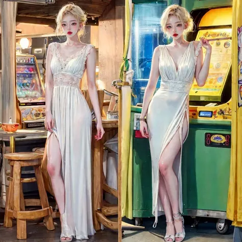 2D_ArtStyle_V2-1,<lora:2D_ArtStyle_V2-1:0.8>, 1girl, sfw, a beautiful woman with blonde hair in a arcade, (full body:1.7), <lora:add_detail:0.85>, AS-Adult, detailed skin, ultra realistic 8k cg, picture-perfect face, flawless, clean, masterpiece, professional artwork, famous artwork, cinematic lighting, cinematic bloom, best quality, masterpiece, illustration, (realistic, photo-realistic:1.37), amazing, finely detail, incredibly absurdres, huge filesize, ultra-detailed, highres, extremely detailed CG unity 8k wallpaper, ray tracing. The image has blurry background, depth of field and extremely photorealistic quality., (Milky skin, shiny skin:1.5). <lora:GoodHands-alpha3:0.7>