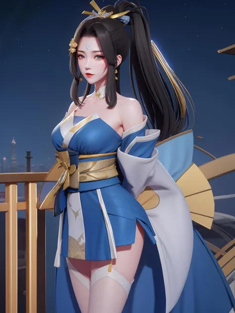 <lora:WZRYhuowuMY_20230805155126:0.75>,1girl, mature female, looking at viewer, cityscape, night, WZRYhuowuMY,hair ornament, sash, bow,jewelry, kimono, short skirt,forehead mark, hait stick,high ponytail, arms behind back, bare shoulders,