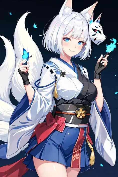 best quality, masterpiece, highres, solo, {kaga_azurlane:1.15}, animal_ears, fox_ears, white_hair, short_hair, blue_eyes, tail, bangs, fox_tail, multiple_tails, breasts, fox_girl, large_breasts, makeup, animal_ear_fluff, 1girl, fox_mask, japanese_clothes, kimono, looking_at_viewer, mask, mask_on_head, gloves, white_kimono, smile, fur_trim, black_gloves, fingerless_gloves, kitsune, wide_sleeves, eyeshadow, blush, sash, obi