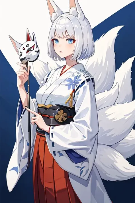best quality, masterpiece, highres, solo, {white kimono:1.35}, {red hakama:1.35}, {wide sleeves:1.20}, {kaga_azurlane:1.15}, animal_ears, fox_ears, white_hair, short_hair, blue_eyes, tail, bangs, fox_tail, multiple_tails, breasts, fox_girl, large_breasts, makeup, animal_ear_fluff