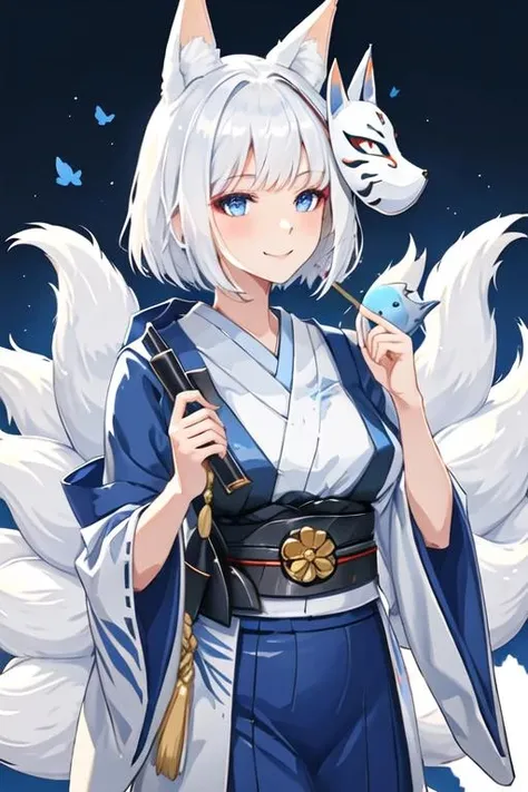 best quality, masterpiece, highres, solo, {kaga_azurlane:1.15}, animal_ears, fox_ears, white_hair, short_hair, blue_eyes, tail, bangs, fox_tail, multiple_tails, breasts, fox_girl, large_breasts, makeup, animal_ear_fluff, 1girl, fox_mask, holding, holding_mask, hood, japanese_clothes, kimono, looking_at_viewer, mask, uchikake, wataboushi, white_kimono, eyeshadow, smile, wide_sleeves