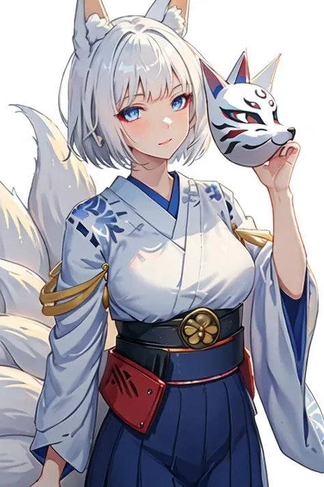 best quality, masterpiece, highres, solo, {kaga_azurlane:1.15}, animal_ears, fox_ears, white_hair, short_hair, blue_eyes, tail, bangs, fox_tail, multiple_tails, breasts, fox_girl, large_breasts, makeup, animal_ear_fluff, 1girl, blunt_bangs, eyeliner, eyeshadow, fox_mask, fur_trim, japanese_clothes, kimono, looking_at_viewer, mask, mask_on_head, white_kimono, simple_background, white_background