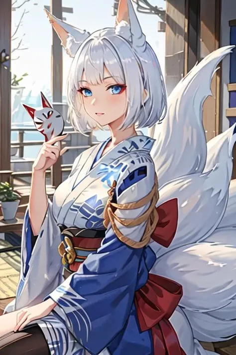 best quality, masterpiece, highres, solo, {kaga_azurlane:1.15}, animal_ears, fox_ears, white_hair, short_hair, blue_eyes, tail, bangs, fox_tail, multiple_tails, breasts, fox_girl, large_breasts, makeup, animal_ear_fluff, 1girl, eyeshadow, japanese_clothes, kimono, looking_at_viewer, white_kimono, eyeliner, blunt_bangs, upper_body