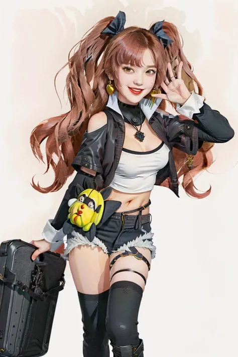 masterpiece, best quality, best light, best shadow, highly detailed, ultra detailed, Nicole Demara, 1girl, solo, hair bow, heart earrings, mole under eye, huge breasts, heart choker, hairclip, mole on breast, bare shoulders, open jacket, cleavage, tube top, strapless, long sleeves, navel, clothing cutout, belt, fanny pack, short shorts, thigh strap, black single thighhigh, torn pantyhose, mole on leg, ribbon, boots, open eyes, heart-shaped mouth, smile, looking at viewer, open mouth, full body, feet out of frame, standing, victory pose, holding bag, white background<lora:Nicole_demaraV1:1>