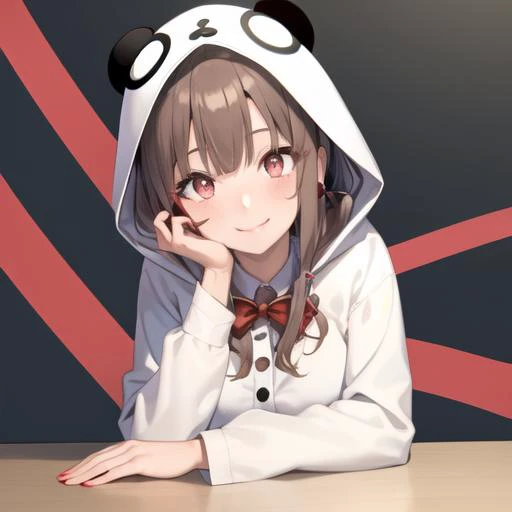 masterpiece, high quality, best quality, high resolution, 4k, high definition, beautiful lighting,highly detailed face, well drawn hands, well drawn legs,well drawn feet,well drawn eyes,1girl,kaede, brown hair, brown eyes,hair bow,(((bow))),white panda pajamas,white panda hood,white pants,white pajamas ((( face only))), face pov, face closeup,low ponytail,(((smiling red lines under eyes))), blushing,from front,closed mouth,<lora:azusagawa_kaede-01:1>