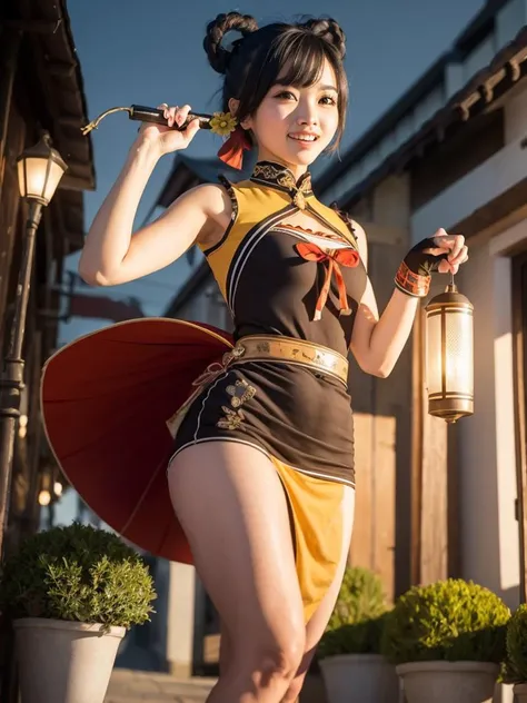 1girl, xiangling\(genshin impact\), <lora: xianglingGenshinImpact_xianglingGenshinImpact:1> , masterpiece, stunningly beautiful, street, east asian architecture, night, lantern light, cute, best quality, smile, Han Chinese Clothing, skirt, apron, adjusting hair, rain,
