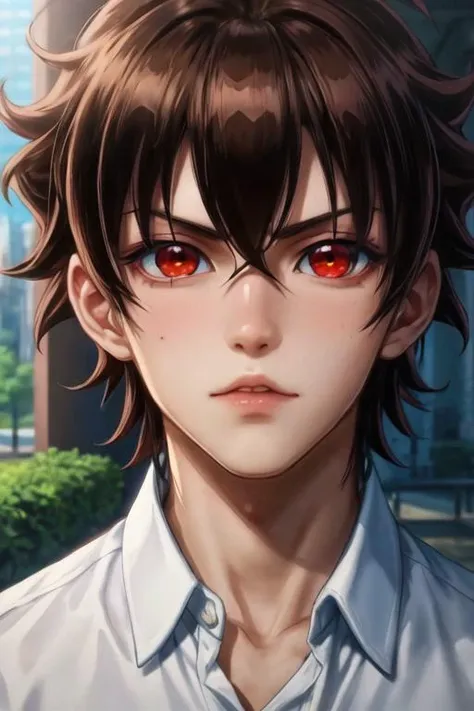 masterpiece, best quality, game cg, 1boy, solo, male focus, looking at viewer, , depth of field, <lora:rokuro_enmadou:0.64>, rokuro_enmadou, brown hair, red eyes, , , , The City of Mirrors,