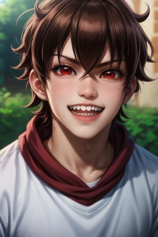 masterpiece, best quality, photorealistic, 1boy, solo, male focus, looking at viewer, upper body, depth of field, <lora:rokuro_enmadou:0.66>, rokuro_enmadou, brown hair, red eyes, teeth, , ,