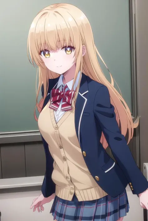 mahirushiina, <lora:mahiru shiina s1-lora-nochekaiser:1>,
mahiru shiina, bangs, blonde hair, brown hair, (yellow eyes:1.3), smile,
BREAK long hair, skirt, bow, school uniform, jacket, pleated skirt, plaid, plaid skirt, blazer, cardigan, blue blazer, (red bowtie:1.2),
BREAK indoors, classroom,
BREAK looking at viewer, (cowboy shot:1.5),
BREAK <lyco:GoodHands-beta2:1>, (masterpiece:1.2), best quality, high resolution, unity 8k wallpaper, (illustration:0.8), (beautiful detailed eyes:1.6), extremely detailed face, perfect lighting, extremely detailed CG, (perfect hands, perfect anatomy),