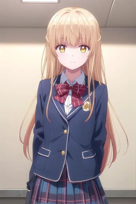 mahirushiina, <lora:mahiru shiina s1-lora-nochekaiser:1>,
mahiru shiina, bangs, blonde hair, brown hair, (yellow eyes:1.3), smile,
BREAK long hair, skirt, bow, school uniform, jacket, pleated skirt, plaid, plaid skirt, blazer, cardigan, blue blazer, (red bowtie:1.2),
BREAK indoors, classroom,
BREAK looking at viewer, (cowboy shot:1.5),
BREAK <lyco:GoodHands-beta2:1>, (masterpiece:1.2), best quality, high resolution, unity 8k wallpaper, (illustration:0.8), (beautiful detailed eyes:1.6), extremely detailed face, perfect lighting, extremely detailed CG, (perfect hands, perfect anatomy),