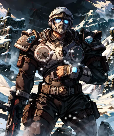 ben_carmine, looking at viewer, dramatic, mountain, snow, blizzard, snow storm, mist, muscular, armor, holding weapon <lora:Ben_Carmine:0.8>