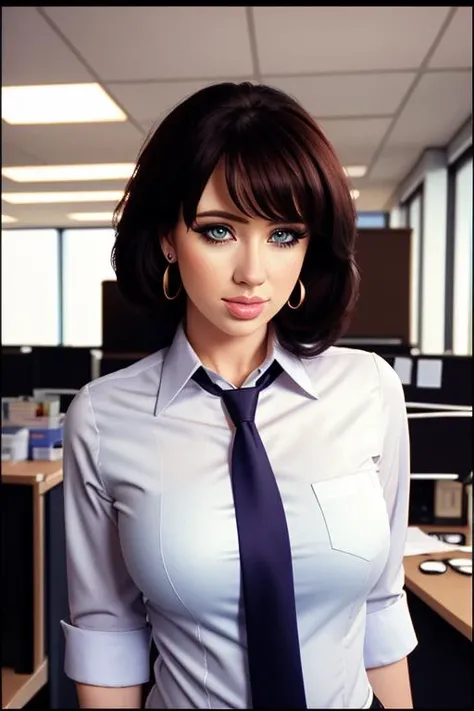 Aubrey Plaza, masterpiece quality, high res, lots of detail, alone, 1girl, solo, in a college laboratory, chemistry equipment in background, wearing white lab coat, topless, (naked breasts:1.5), naked breasts, wearing blue jeans, wearing choker collar, long hair, lots of cleavage, big breasts, (big breasts:1.3), chubby body, smiling, blushing, (blushing:1.4), 