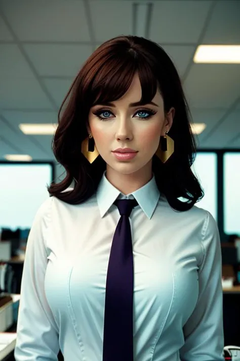 <lora:sophiehoward-09:0.4>, ,sophiehoward, ,photo of a woman,  , perfect hair, beautiful perfect skin, ((busy office)), (modern photo, necktie, shirt), 24mm, (analog, cinematic, film grain:1.3), , detailed eyes, (upper body), (looking at viewer), earrings, (eyeliner, eyelashes)