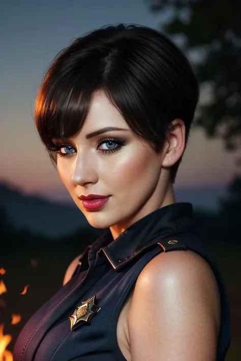 <lora:sophiehoward-09:0.5>, ,sophiehoward,((short hair)), , photo of a woman, ((outdoors, fire, at night)),((police uniform, police badge)) smiling, (lipstick, blush, eye shadow), ((best quality, masterpiece, extreme details, high resolution):1.2),((detailed eyes, beautiful eyes, detailed face, beautiful face):1.2)