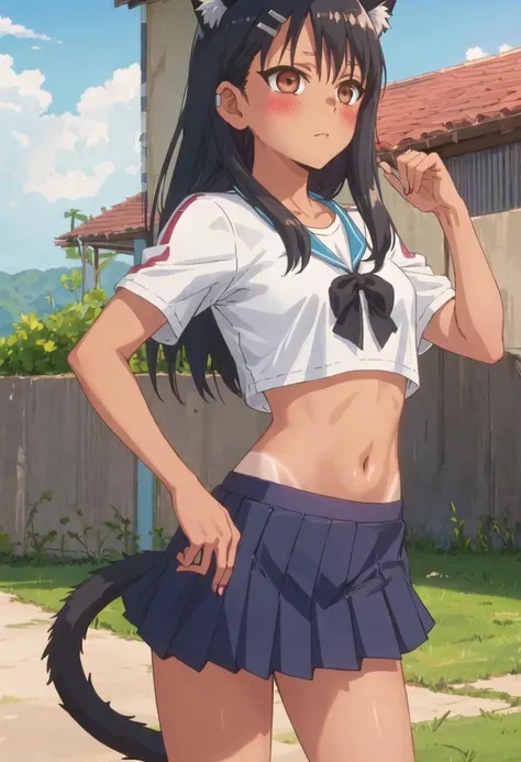 best quality, masterpiece, highres, solo, {nagatoro_hayase_donttoywithmemissnagatoro:0.90}, 1girl, midriff, tanlines, cat_ears, blue_skirt, blush, crop_top, navel, pleated_skirt, small_breasts, animal_ear_fluff, hand_on_hip