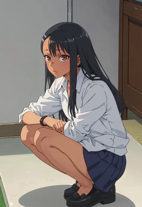 1girl, solo,sitting, small breast, masterpiece, professional artwork, famous artwork, perfect face,nagatoro hayase, brown eyes, hairclip, black hair, cowboy shot, black hair, beautiful face, intense look, ((perfect female body, narrow waist)), background classroom, ((nude)), ((tan lines)), couch, looking at viewer, blue skirt, (((panties, spreading legs))), white shirt, short sleeves