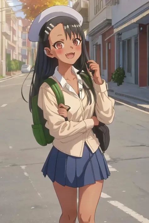 best quality, masterpiece, highres, solo, {nagatoro_hayase_donttoywithmemissnagatoro:1.15}, black_hair, long_hair, dark-skinned_female, dark_skin, brown_eyes, hairclip, hair_ornament, blush, bangs, smile, 1girl, :d, earclip, looking_at_viewer, open_mouth, shirt, white_shirt, backpack, bag, fang, skin_fang, blue_skirt, pleated_skirt, school_uniform, skirt, sleeves_rolled_up