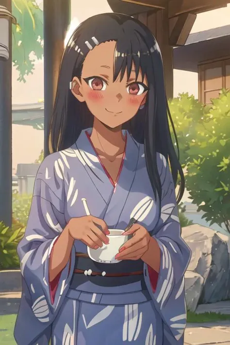 best quality, masterpiece, highres, solo, {yukata:1.40}, {kimono:1.20}, {nagatoro_hayase_donttoywithmemissnagatoro:1.15}, black_hair, long_hair, dark-skinned_female, dark_skin, brown_eyes, hairclip, hair_ornament, blush, bangs, smile