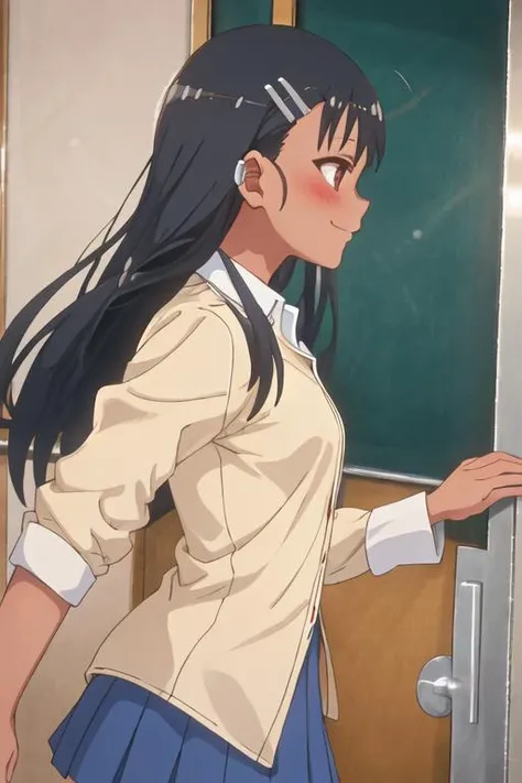 best quality, masterpiece, highres, solo, {nagatoro_hayase_donttoywithmemissnagatoro:1.15}, black_hair, long_hair, dark-skinned_female, dark_skin, brown_eyes, hairclip, hair_ornament, blush, bangs, smile, 1girl, from_side, profile, door, indoors, shirt, school_uniform, earclip, long_sleeves