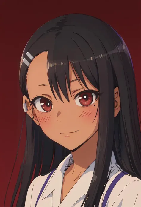 best quality, masterpiece, highres, solo, (nagatoro_hayase_donttoywithmemissnagatoro:1.10), 1girl, anime coloring, mole under eye, red eyes, looking at viewer, parody, portrait, smile, closed mouth, anime_style, 11 <lora:nagatoro_hayase_donttoywithmemissnagatoro:0.80>