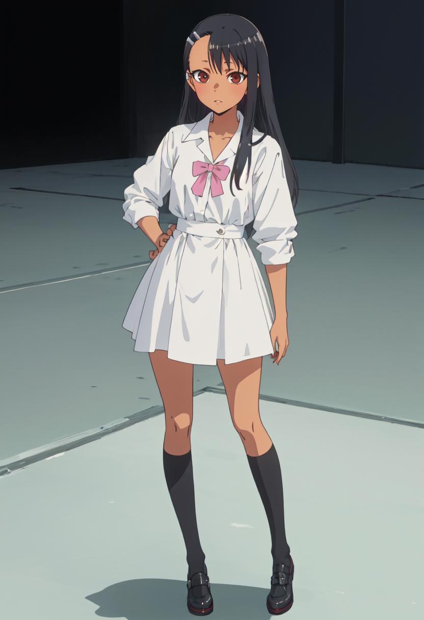 Anime girl in a white dress and black boots standing on a sidewalk ...