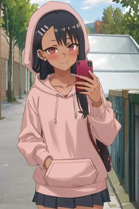 best quality, masterpiece, highres, solo, {nagatoro_hayase_donttoywithmemissnagatoro:1.15}, black_hair, long_hair, dark-skinned_female, dark_skin, brown_eyes, hairclip, hair_ornament, blush, bangs, smile, 1girl, cellphone, holding, holding_phone, hood, hoodie, mole, mole_under_eye, outdoors, phone, red_eyes, tree, long_sleeves, looking_at_viewer, smartphone, pink_hoodie
