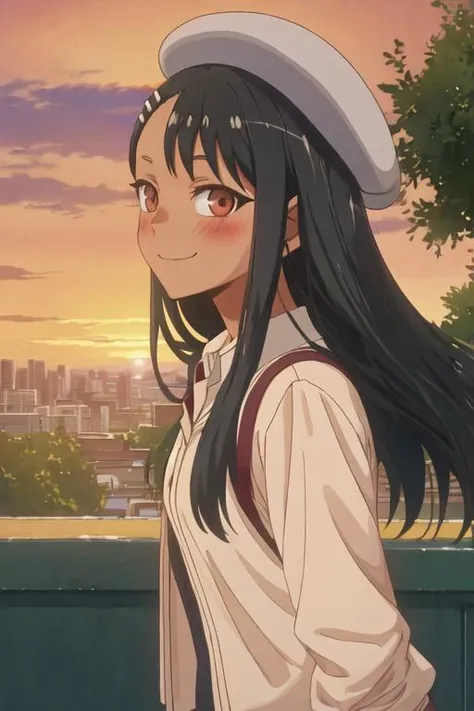 best quality, masterpiece, highres, solo, {nagatoro_hayase_donttoywithmemissnagatoro:1.15}, black_hair, long_hair, dark-skinned_female, dark_skin, brown_eyes, hairclip, hair_ornament, blush, bangs, smile, 1girl, beret, evening, hat, outdoors, shirt, sky, sunset, white_headwear, looking_at_viewer, orange_sky, portrait, tree, earclip, white_shirt, closed_mouth