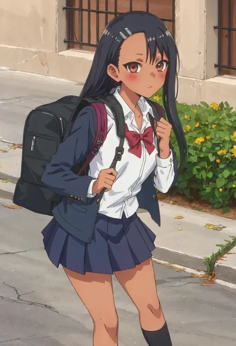 best quality, masterpiece, highres, solo, {nagatoro_hayase_donttoywithmemissnagatoro:0.90}, 1girl, blush, backpack, school_uniform, shirt, skirt, looking_at_viewer