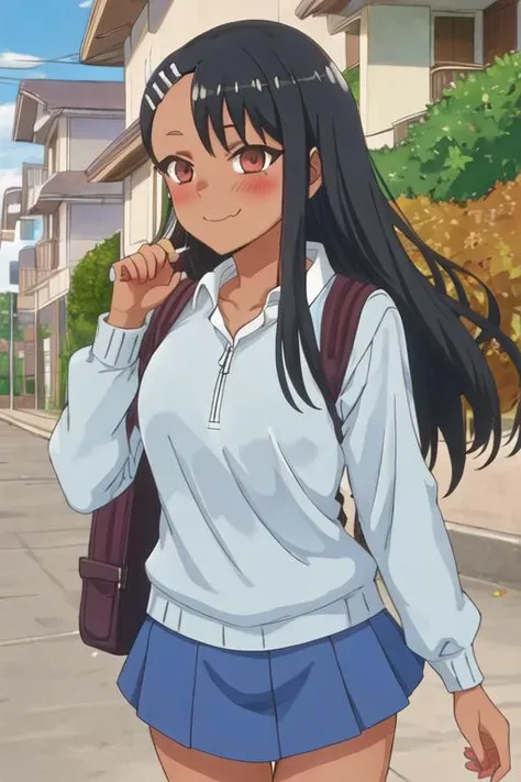 best quality, masterpiece, highres, solo, {nagatoro_hayase_donttoywithmemissnagatoro:1.15}, black_hair, long_hair, dark-skinned_female, dark_skin, brown_eyes, hairclip, hair_ornament, blush, bangs, smile