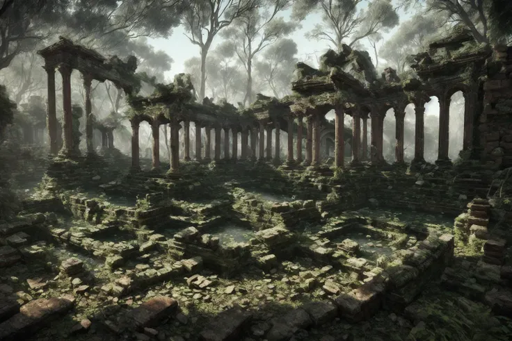 fantrome, secluded roman ruins surrounded by trees and wildlife, roman city, bath house, roman ruins, realistic, intricate, highly detailed