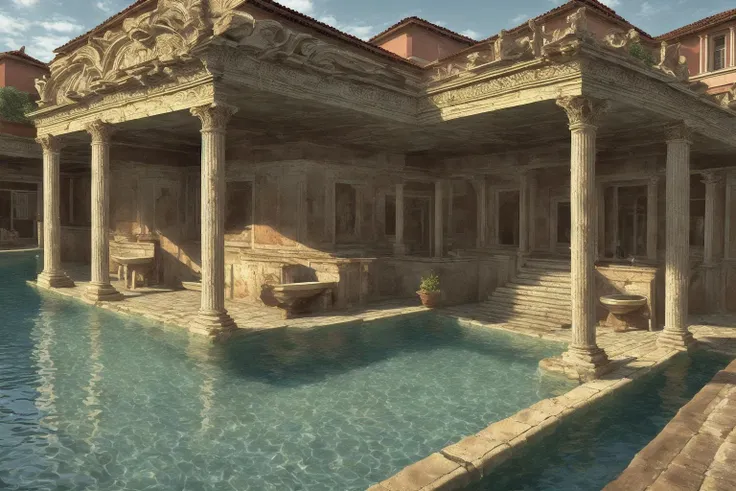 fantrome, ancient rome, outdoors, bath house, roman pillars, realistic, intricate, highly detailed