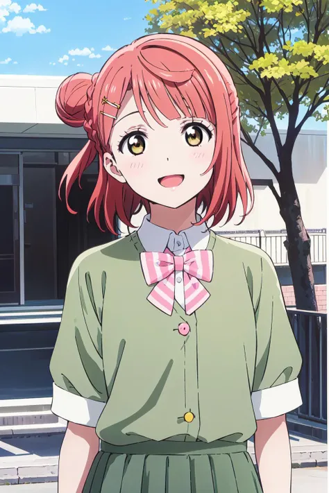 (best quality, masterpiece:1.2), 1girl, solo, cute, looking at viewer, smile, upper body, open mouth, sky, outdoors,
<lora:A_Uehara Ayumu Anime2:0.8> uehara ayumu, nijigasaki anime style, single side bun, nijigasaki academy school uniform, yellow eyes, medium hair, braided bun, pink hair, standing