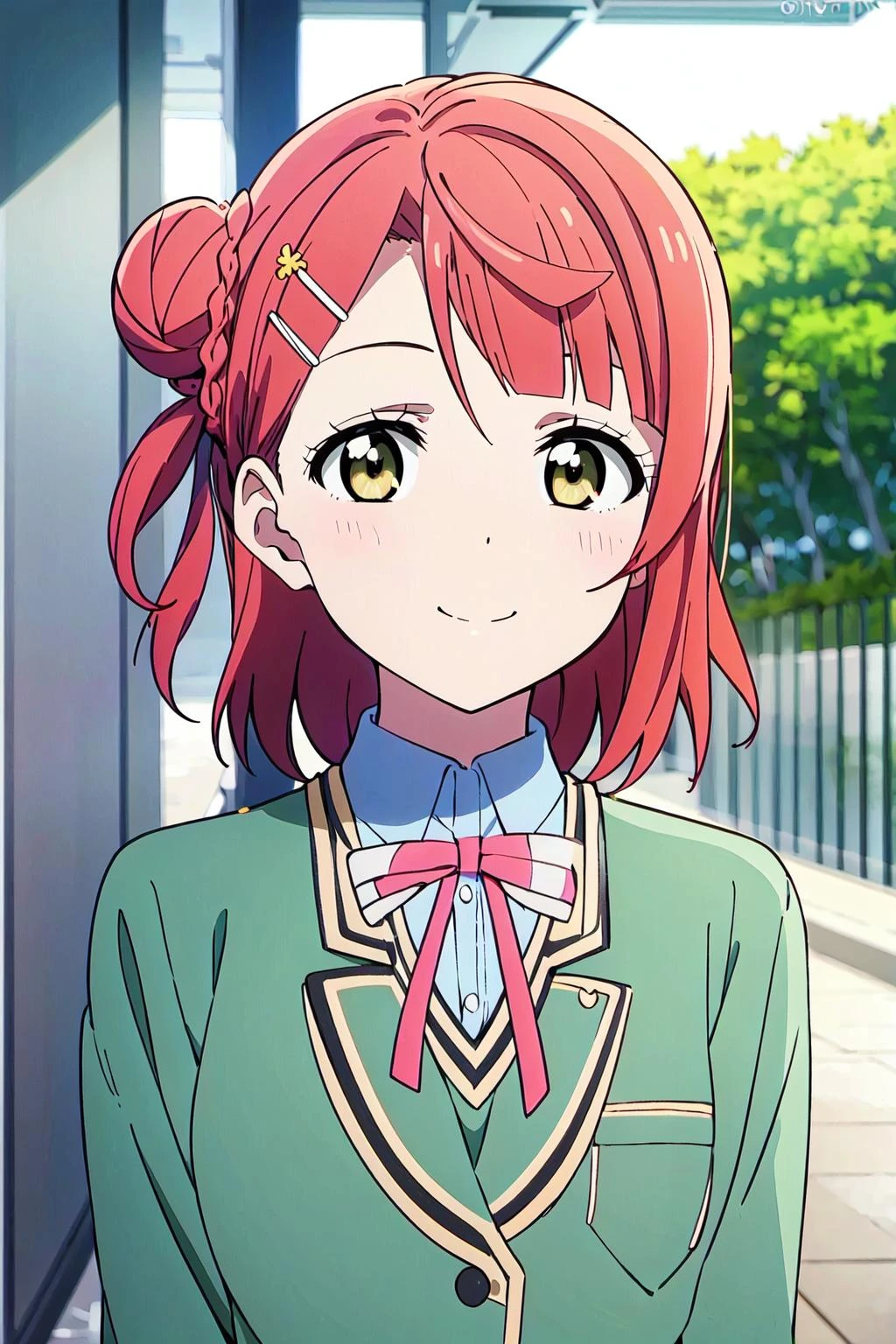 (best quality, masterpiece:1.2), 1girl, solo, cute, looking at viewer, smile, closed mouth, portraits, outdoors,
<lora:A_Uehara Ayumu Anime New:0.8> uehara ayumu, nijigasaki anime style, single side bun, nijigasaki academy school uniform, yellow eyes, medium hair, braided bun, pink hair,