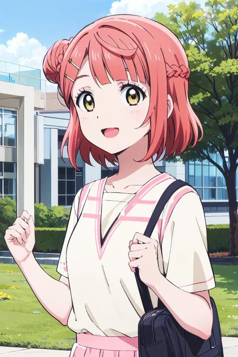 (best quality, masterpiece:1.2), 1girl, solo, cute, looking at viewer, smile, upper body, open mouth, sky, outdoors,
<lora:A_Uehara Ayumu Anime2:0.8> uehara ayumu, nijigasaki anime style, single side bun, yellow eyes, medium hair, braided bun, pink hair, standing