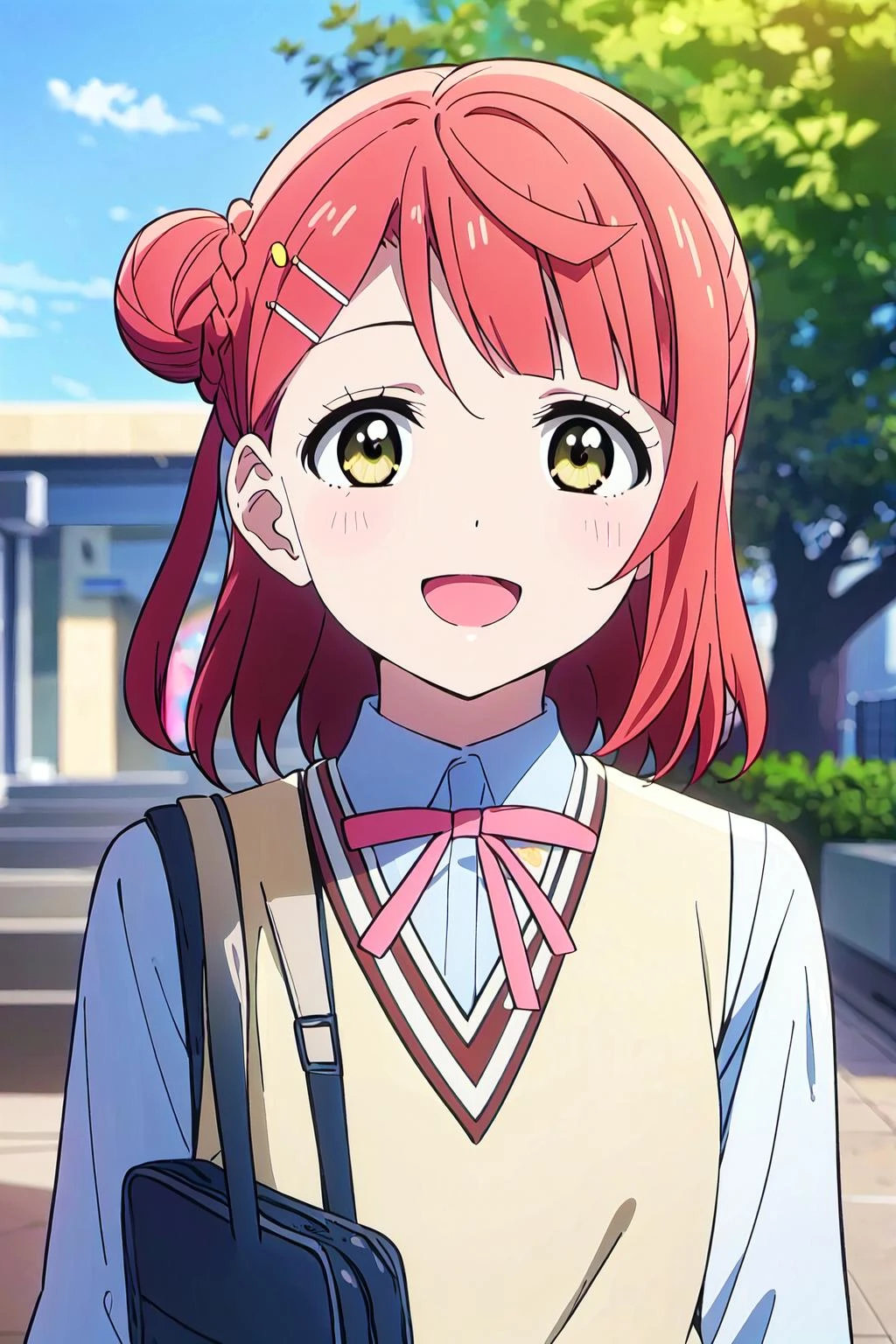 (best quality, masterpiece:1.2), 1girl, solo, cute, looking at viewer, smile, open mouth, upper body, outdoors,
<lora:A_Uehara Ayumu Anime New:0.8> uehara ayumu, nijigasaki anime style, single side bun, nijigasaki academy school uniform, yellow eyes, medium hair, braided bun, pink hair,