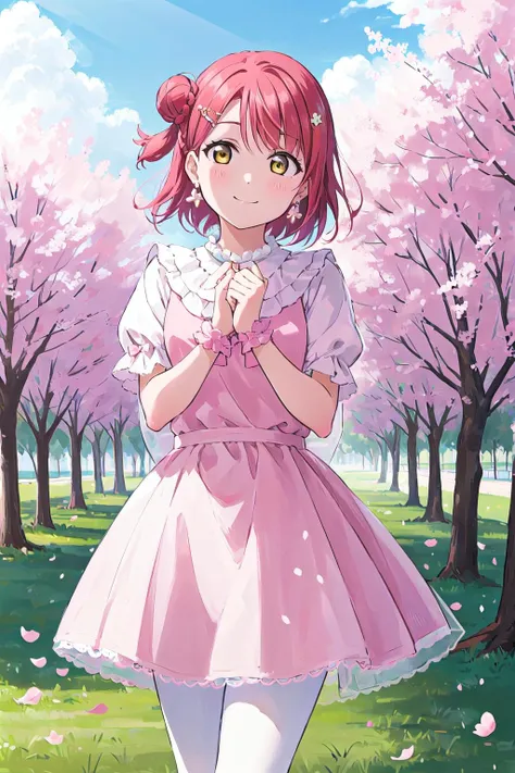 (best quality, masterpiece:1.2), 1girl, solo, (cowboy shot:1.4), looking at viewer,  glow eyes, (light on face:1.2), smile, sky, cloud, trees, flower, pink flowers, outdoors, sunlight,
<lora:A_DRWY_Dress:0.8>, uehara ayumu, drwy dress, yellow eyes, bangs, pink hair, hair bun, single side bun, pink dress, medium hair, pantyhose, bow, petals, short sleeves, earrings, jewelry, ribbon, hair ornament,