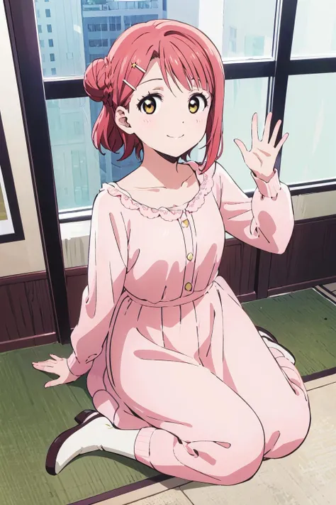 (best quality, masterpiece:1.2), 1girl, solo, cute, looking at viewer, smile, closed mouth, full body, indoors, sitting
<lora:A_Uehara Ayumu Anime2:0.8> uehara ayumu, nijigasaki anime style, single side bun, yellow eyes, medium hair, braided bun, pink hair, standing, pink dress, waving hands,