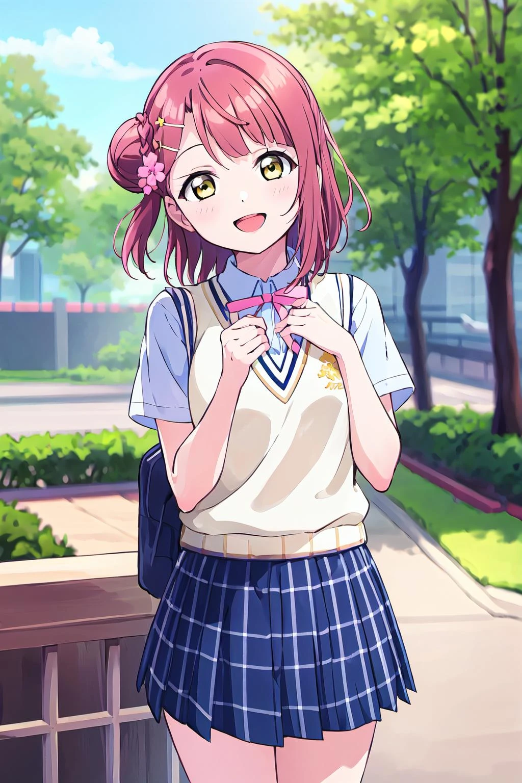 (best quality, masterpiece:1.2), 1girl, solo, (cowboy shot:1.2), looking at viewer, standing, smile, sunlight, open mouth,
<lora:Uehara Ayumu SSU:0.8> uehara ayumu, nijigasaki academy school uniform, summer uniform, single side hair bun, yellow eyes,